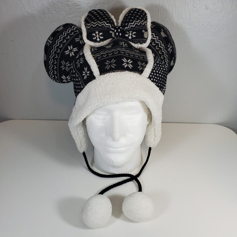 Tokyo Disney Resort Minnie Ears Hat Fair Isle Holiday Black White Headband Xmas